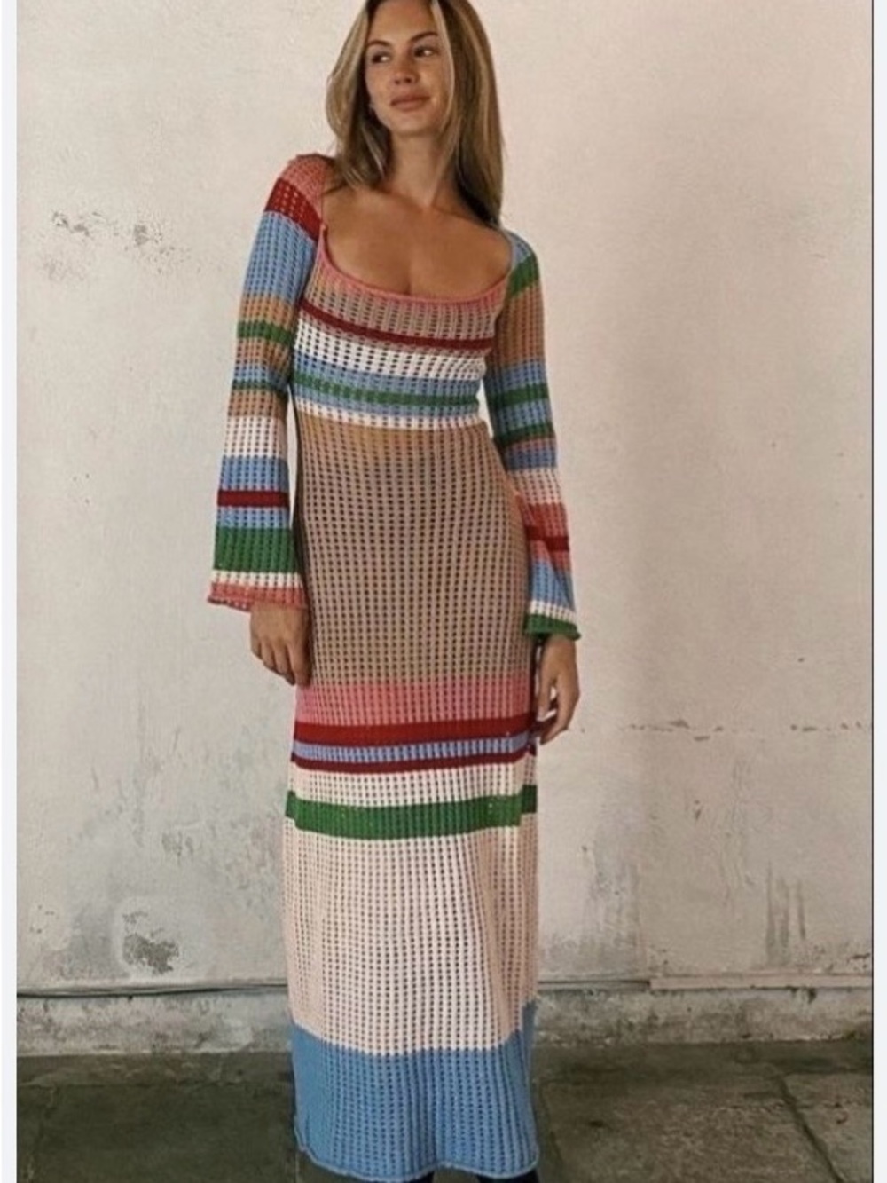 VRG GRL Striped Crochet Maxi Dress Blue, Green, Red, Pink, Cream. Size 10, NWT